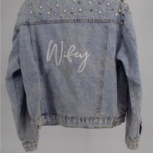 David’s Bridal Blue Jean Jacket Wifey Embroidered Pearls And Rhinestones Sz XL